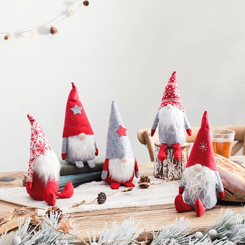Gnome De Noël Tomte Renne Ornement Peluche Fait Main Tricot Feutre Figurine Suédoise Décoration Table Festive Rouge Gris