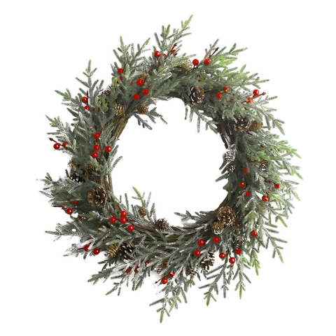 Weihnachts Kranz Künstliche Kiefernadeln Kiefernzapfen Rote Beeren Schnee Frost Haustür Wandbehang Nordische Festliche Deko
