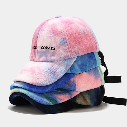 Tie Dye Pluche Honkbalpet Voor Heren Dames Winter Warm Fleece Verstelbaar Letter Borduurwerk Streetwear Outdoor Hoed