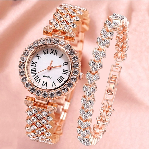 Luxury Women Quartz Watch Rhinestone Bracelet Jewelry Necklace Earring Ring Roman Numeral Dial Alloy Shiny Accessory