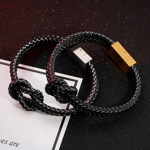 Men Bracelet Woven Leather Stainless Steel Double Layer Knot Design Magnetic Clasp Casual Fashion Jewelry