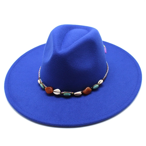 Wide Brim Fedora Hat Wool Felt Jazz Cap With Bohemian Shell Turquoise Band Ethnic Retro Outdoor Travel For Women Men