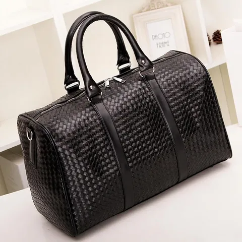 Woven PU Leather Travel Duffel Bag Large Capacity Waterproof Business Casual Weekender Handbag For Men Women