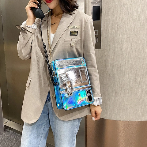 Retro Telephone Shaped Crossbody Bag Holographic Laser PU Leather Chain Purse Vintage Novelty Y2K Style For Women