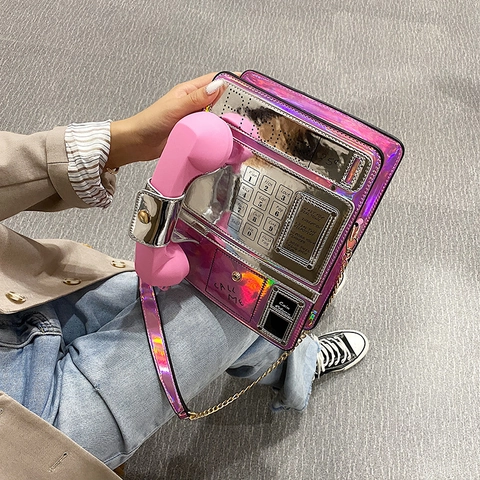 Retro Telephone Shaped Crossbody Bag Holographic Laser PU Leather Chain Purse Vintage Novelty Y2K Style For Women