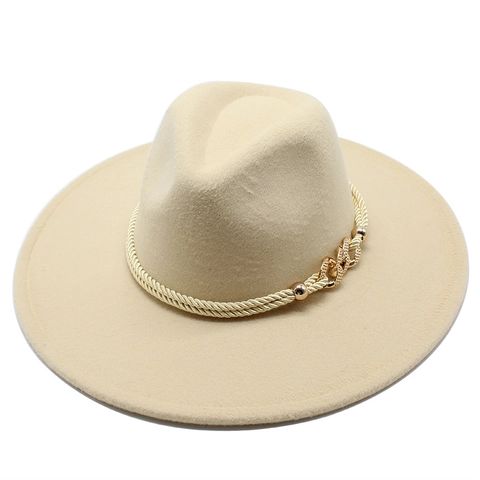 Wide Brim Fedora Hat Woolen Felt Vintage British Style Jazz Cap With Gold Braided Chain Decor For Men Women