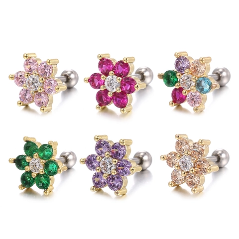 Orecchini A Lobo Barbell A Fiore Rame Placcato Oro 18K Zircone Rhinestone Perno In Acciaio Inossidabile Vite Gioielli