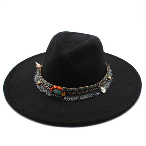 Wide Brim Fedora Hat Cotton Polyester Felt Ethnic Bohemian Decorative Band With Turquoise Beads Fringe Tassel For Women Men