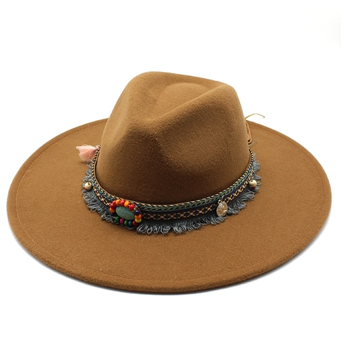 Wide Brim Fedora Hat Cotton Polyester Felt Ethnic Bohemian Decorative Band With Turquoise Beads Fringe Tassel For Women Men