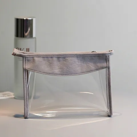 Transparente TPU Kosmetiktasche Wasserdichte Reise Kulturbeutel Mit Grau Besatz Reißverschluss Minimalistisch Tragbar