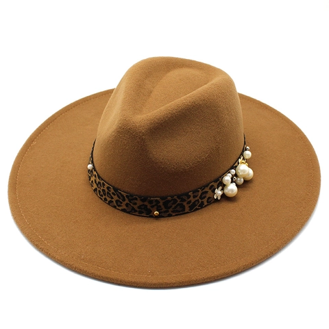 Wide Brim Fedora Hat Woolen Felt Leopard Band Artificial Pearl Flower Decor Elegant Retro Jazz Cap