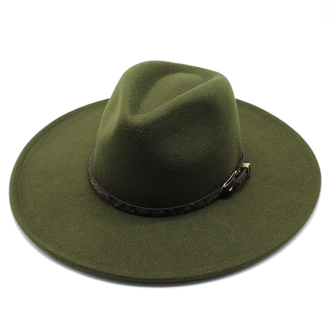 Wide Brim Fedora Hat Wool Felt Jazz Style Solid Color With Leopard Print Belt And Metal Buckle For Men And Women