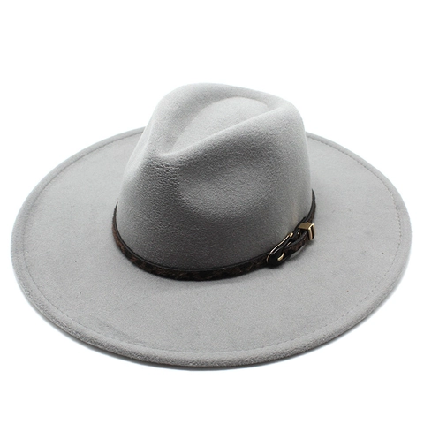 Wide Brim Fedora Hat Wool Felt Jazz Style Solid Color With Leopard Print Belt And Metal Buckle For Men And Women