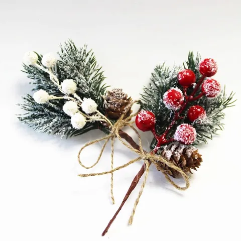 Artificial Christmas Pine Sprig With Berry Natural Pine Cone Twine Bow Snow Frosted Holiday Festive Ornament Decor