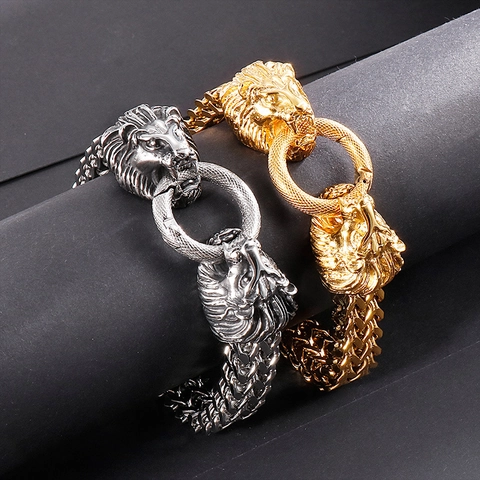 Men Stainless Steel Lion Head Bracelet Vintage Punk Heavy Industrial Style Double Lion Biting Ring Chain Bracelet Jewelry