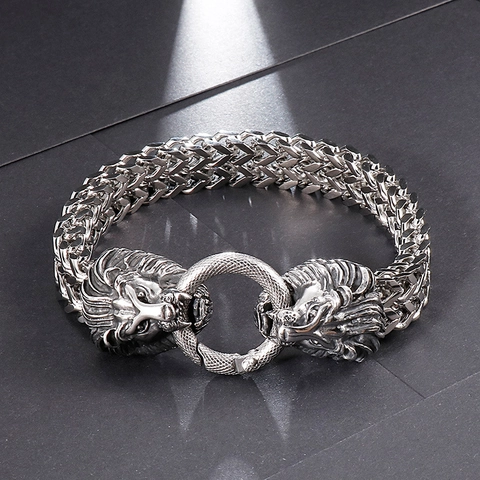 Men Stainless Steel Lion Head Bracelet Vintage Punk Heavy Industrial Style Double Lion Biting Ring Chain Bracelet Jewelry