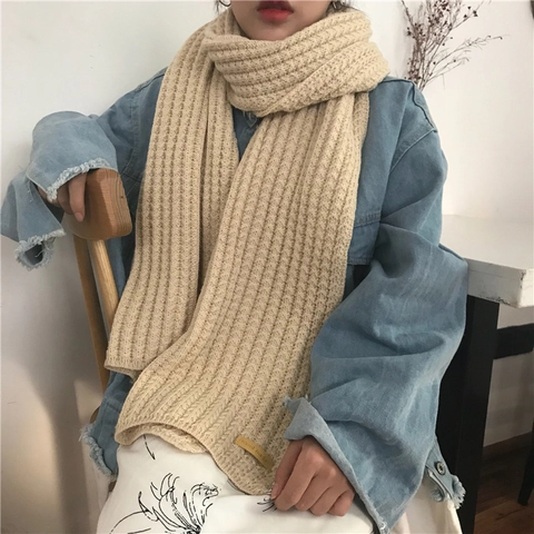 Women Winter Chunky Knit Scarf Thick Warm Ribbed Solid Color Plush Yarn Neck Warmer Harajuku Style Versatile