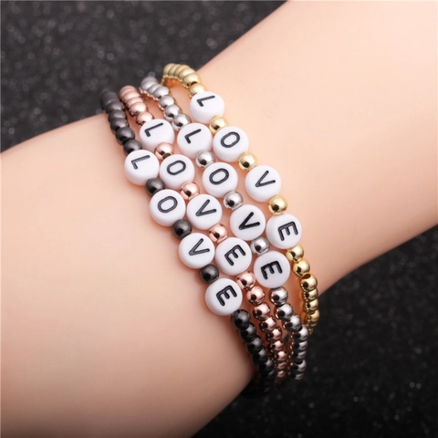 Pulsera De Cuentas Con Letras Love Cuentas Redondas De Cobre Chapado Elástica Apilable Joyería Romántica Regalo Mujer
