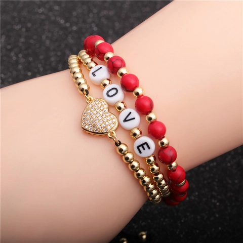 Ensemble De Bracelets À Perles En Cuivre Micro Zircon Pendentif Coeur Lettre LOVE Bijoux Bohème Pour Femmes