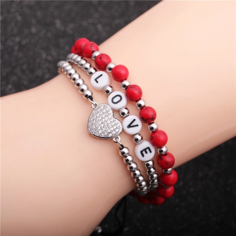 Ensemble De Bracelets À Perles En Cuivre Micro Zircon Pendentif Coeur Lettre LOVE Bijoux Bohème Pour Femmes