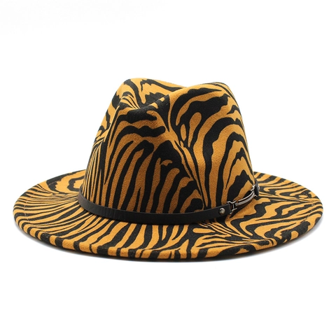 Zebra Animal Print Fedora Hat Wide Flat Brim Cotton Polyester Belt Buckle Retro Jazz Cap Unisex Fashion Vintage