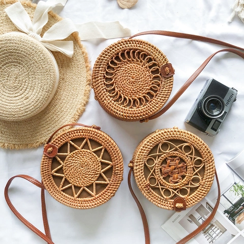 Handmade Rattan Straw Crossbody Shoulder Bag Woven Bohemian Beach Summer Travel Retro Bali Style For Women With Leather Strap