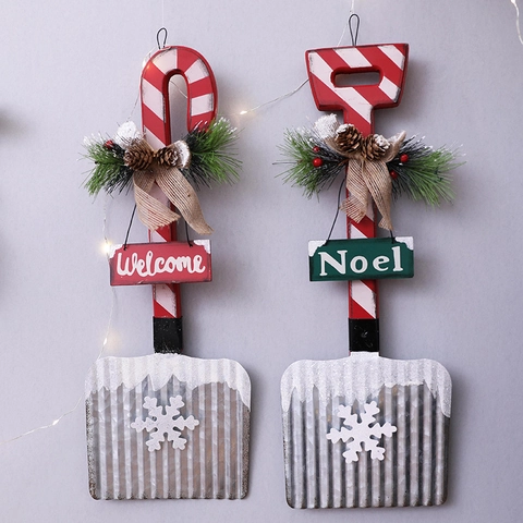 Ornement À Suspendre Pelle De Noël Bois Métal Welcome Noel Signe Flocon De Neige Pomme De Pin Nœud En Toile Décor