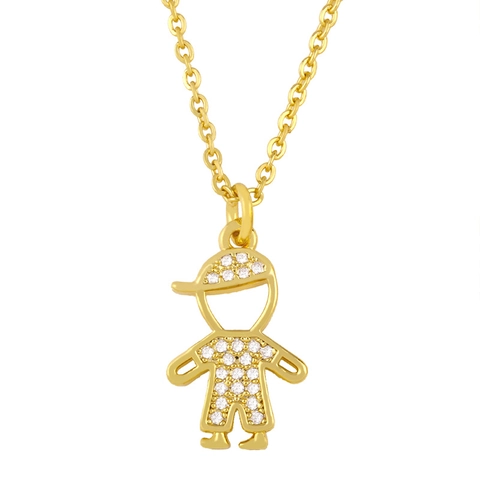 Cute Boy Girl Child Silhouette Pendant Necklace Copper 18K Gold Plated Cubic Zirconia Micro Pave Jewelry For Women Kids