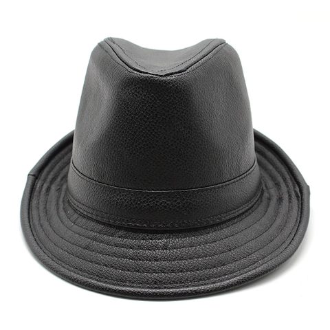 Retro PU Leather Fedora Hat Litchi Texture British Style Jazz Cap Classic Wide Brim Men Women Solid Color Fashion Hat