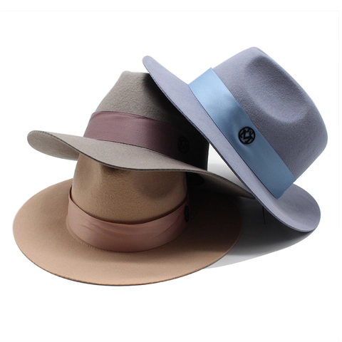 Wool Felt Fedora Hat Wide Brim Elegant Jazz Cap With Satin Ribbon And Metal Letter Decor For Men Women Vintage Style