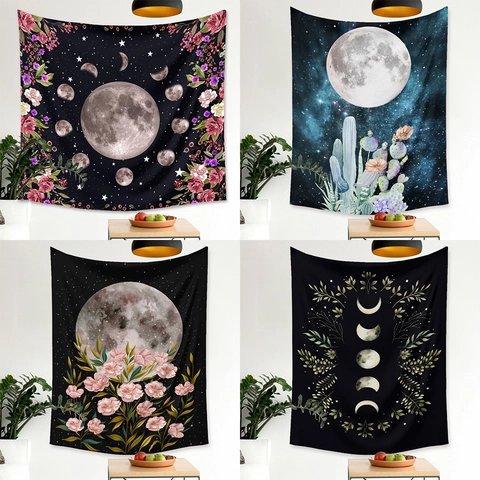 Tapisserie Murale Phases De Lune Fleur Cactus Mystique Bohème Polyester Décor Chambre Salon Art Esthétique