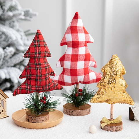 Mini Christmas Tree Desktop Ornament Fabric Plaid Sequin Xmas Decor Wood Base Nordic Style Tabletop Window Display