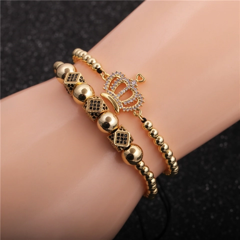 Pulsera Con Dije De Corona Micro Pavé Circonita Cúbica Cuentas De Cobre Cuerda Trenzada Ajustable Joyería Hip Hop Hombre
