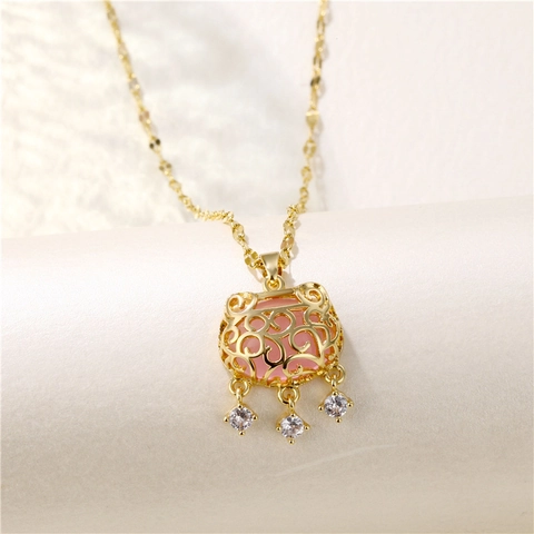18K Gold Plated Brass Titanium Steel Pink Zircon Hollow Safety Lock Pendant Necklace Sweater Chain For Women
