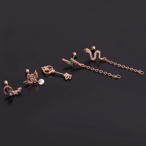 Stainless Steel Earring Post Zircon Piercing Helix Earrings Screw Back Heart Wings Snake Jewelry For Women