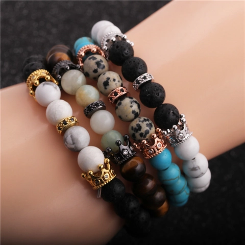 Natuursteen Kralenarmband Lavasteen Tijgeroog Turkoois Met Gelegeerde Kroon Elastische Unisex Sieraden