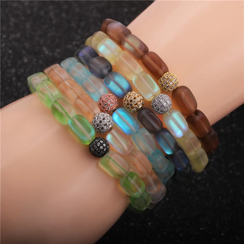 Mattes Mondstein Perlenarmband Mit Zirkonia Mikropave Ball Aurora Holografisches Glas Trendiger Schmuck Für Damen