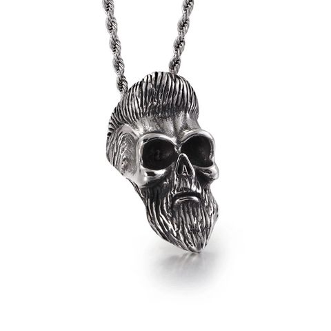 Men Vintage Bearded Skull Pendant Necklace 316L Stainless Steel Punk Gothic Jesus Head Jewelry Gift For Him