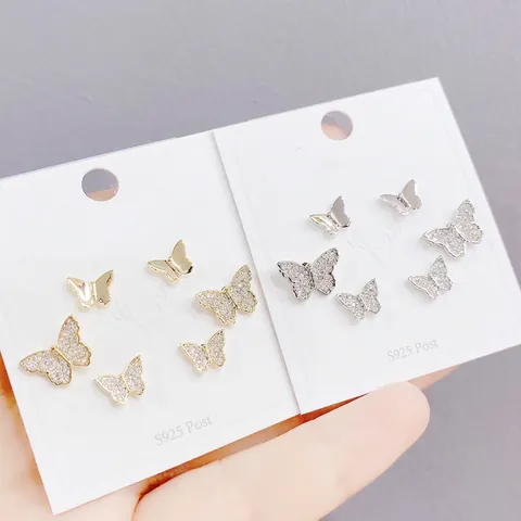 Butterfly Stud Earrings Copper Micro Zircon With 925 Sterling Silver Earring Post Cute Tiny Elegant Korean Style Women
