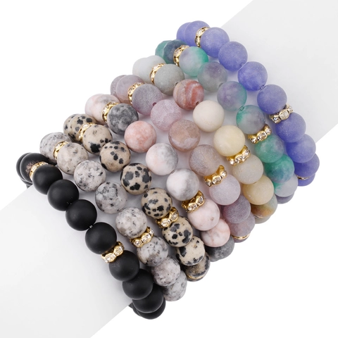 Naturstein Perlenarmband Damen Matt Achat Jaspis Amazonit Legierung Straß Spacer Elastisch Böhmischer Modeschmuck