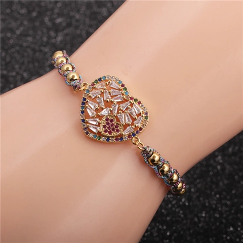 Heart Pendant Bracelet Copper Micro Pave Zircon Beads Adjustable Hand Woven Rope Women Jewelry