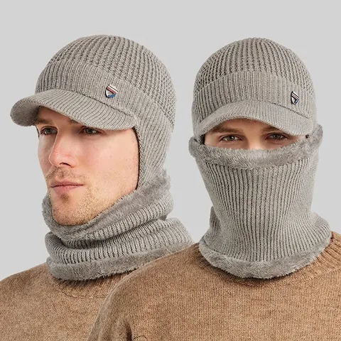 Men Winter Knitted Beanie Hat And Neck Warmer Thickened Fleece Lined Visor Ear Protection Windproof Warm