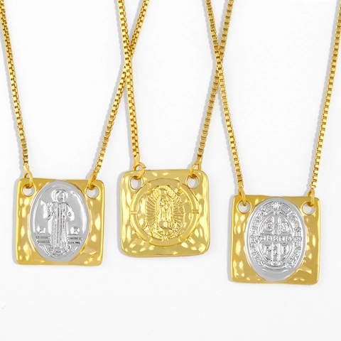 Virgin Mary Saint Benedict Pendant Necklace Copper Gold Plated Square Hammered Relief Religious Vintage Jewelry For Women