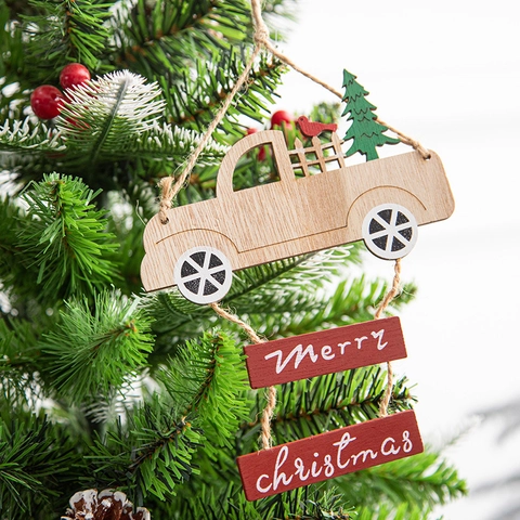 Wooden Christmas Hanging Ornaments Natural Wood Truck Reindeer Star Pendants With Pinecones For Holiday Tree Decor