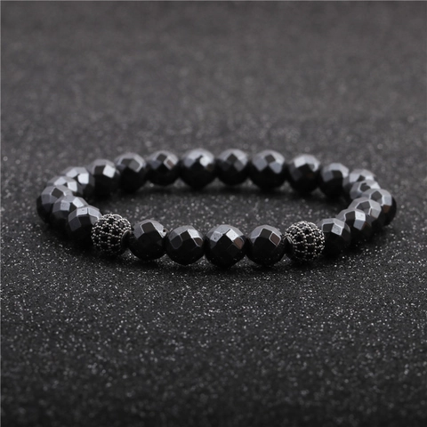 Herren Facettiertes Hämatit Perlenarmband Mit Mikro Eingelegten Zirkonia Kugeln Handgemachter Luxusschmuck