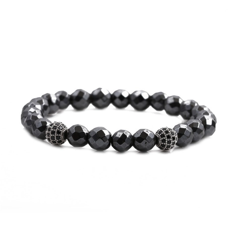 Herren Facettiertes Hämatit Perlenarmband Mit Mikro Eingelegten Zirkonia Kugeln Handgemachter Luxusschmuck