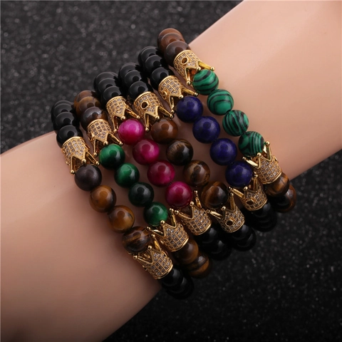 Natural Tiger Eye Malachite Lapis Lazuli Beaded Bracelet For Men Alloy Crown Zircon Charms Elastic Rope Jewelry