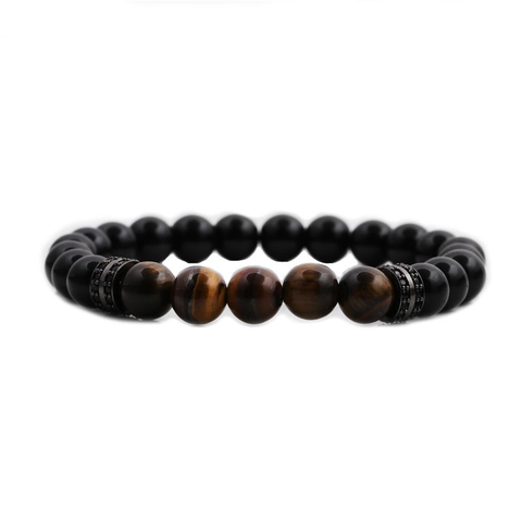 Natural Tiger Eye Lava Stone Beaded Bracelet Men Copper Micro Pave Zirconia Elastic Stretch Jewelry Charm