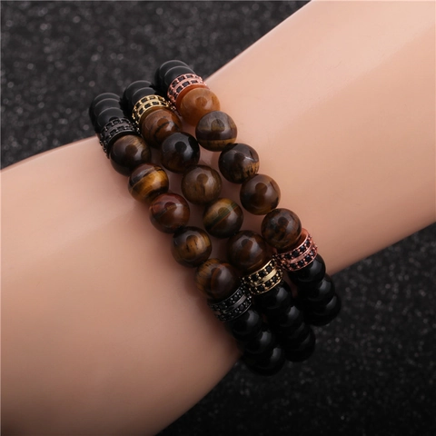 Natural Tiger Eye Lava Stone Beaded Bracelet Men Copper Micro Pave Zirconia Elastic Stretch Jewelry Charm