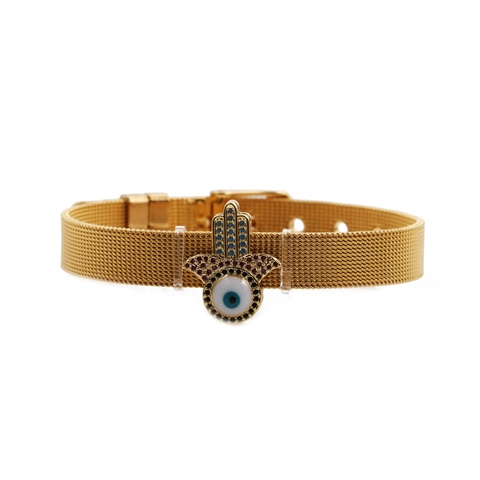 Stainless Steel Mesh Belt Bracelet With Evil Eye Hamsa Hand Pendant Adjustable Buckle Milanese Watchband Style Jewelry